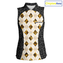Load image into Gallery viewer, Black leopard womens golf sleeveless polo yellow argyle golf team outfit