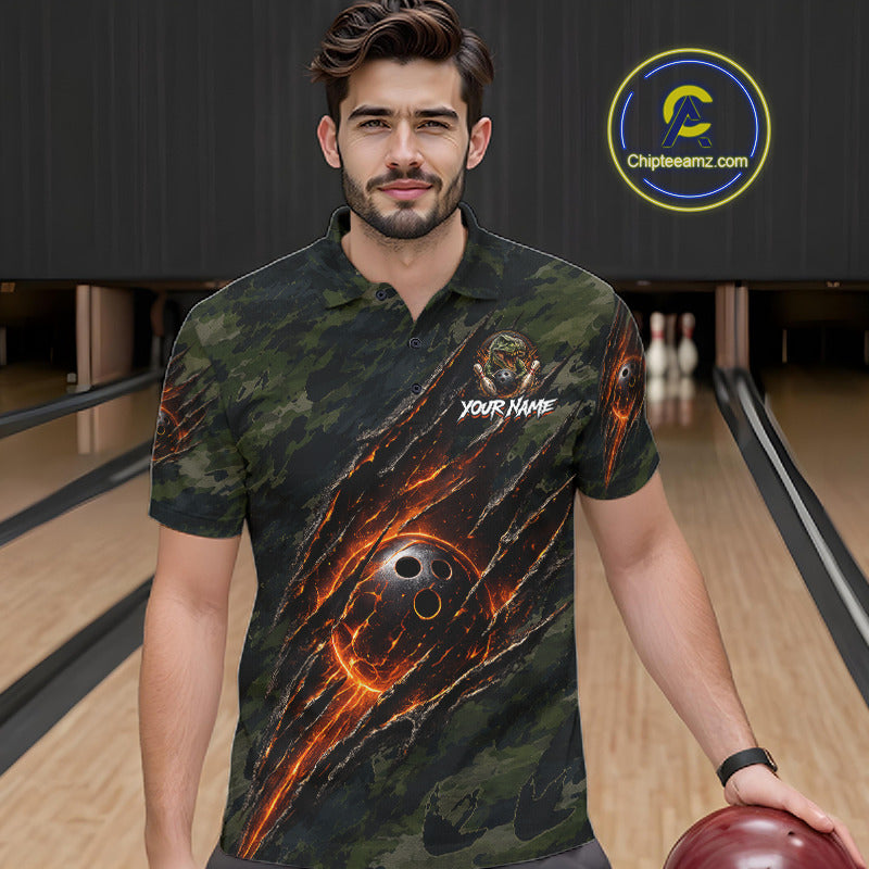 Male bowler wearing green camo dinosaur bowling polo at bowling alley, custom bowling team apparel, league-ready performance shirt