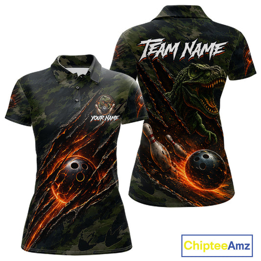Green camo dinosaur women's bowling polo, personalized custom name bowling shirt, retro bowling team jersey, USBC bowling league apparel, performance bowling polo, bowling tournament uniform