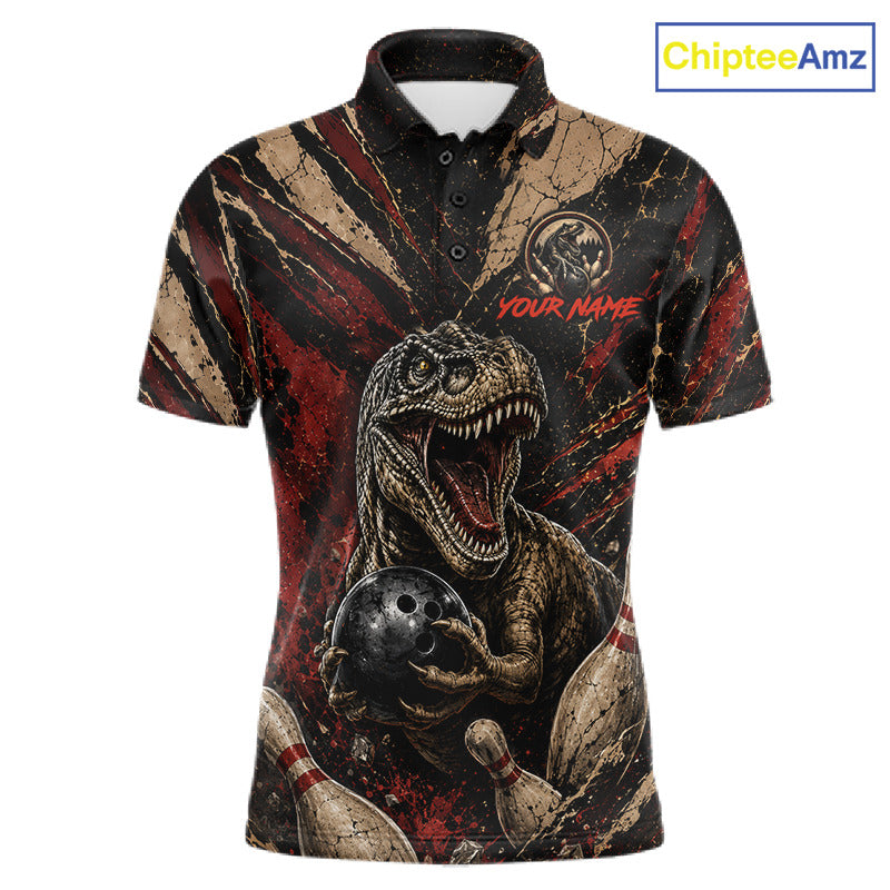 Funny dinosaur retro men's bowling polo, custom bowling shirt, vintage bowling team uniform