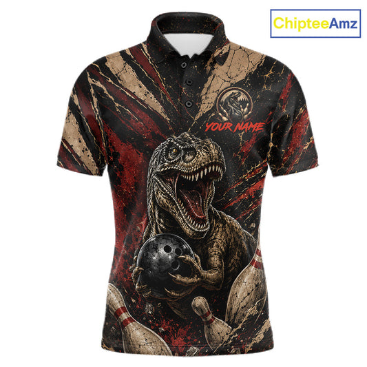 Funny dinosaur retro men's bowling polo, custom bowling shirt, vintage bowling team uniform
