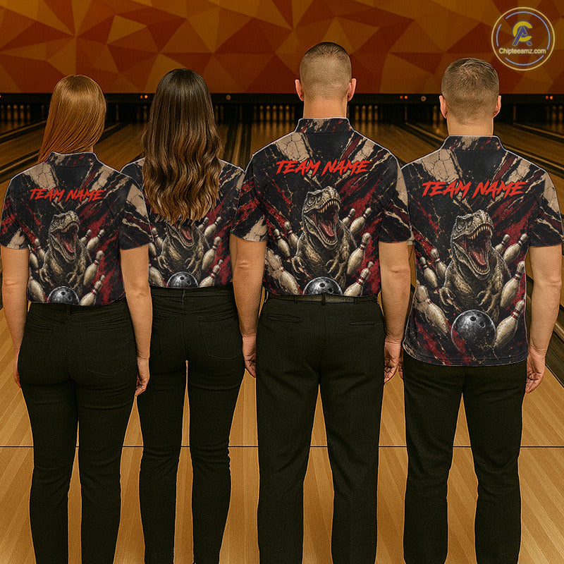 Bowling team wearing Funny Dinosaur Retro Bowling Polo & Quarter-Zip shirts with custom team names at bowling tournament, matching bowling league uniforms, personalized bowling apparel