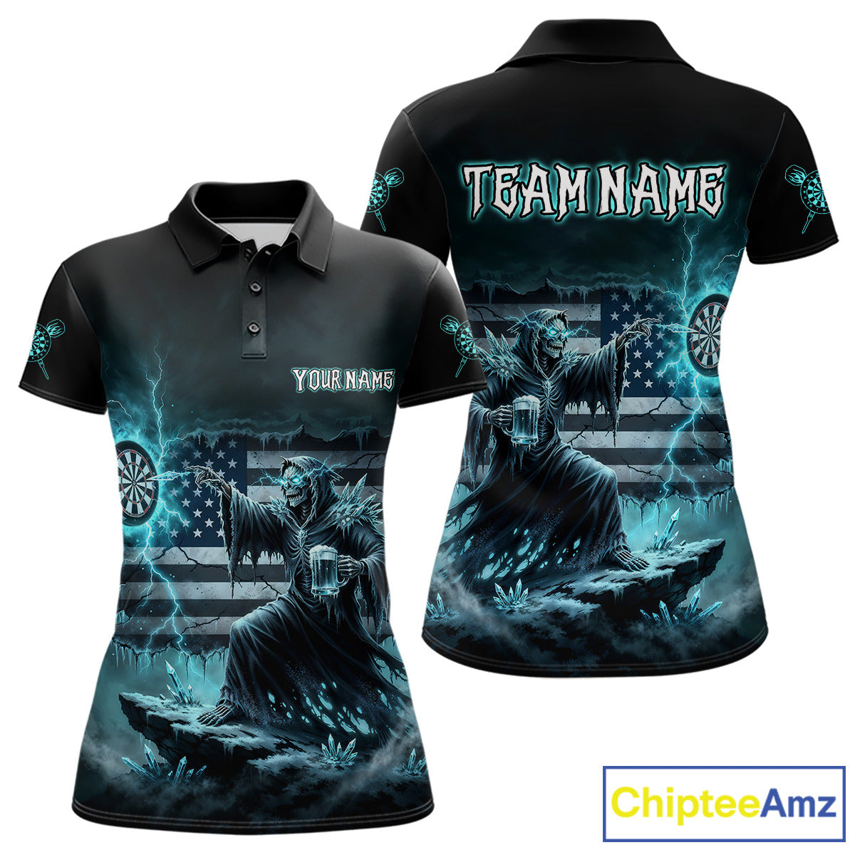 Custom Lightning Turquoise Grim Reaper Beer Funny Women Darts Polo Shirt US Flag Dart Jerseys NYN1836