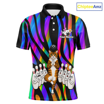 Rainbow Holographic Bowling Polo 1/4-Zip Shirts For Men Custom Funny Cat Bowling Pins Team Shirt NYN3930
