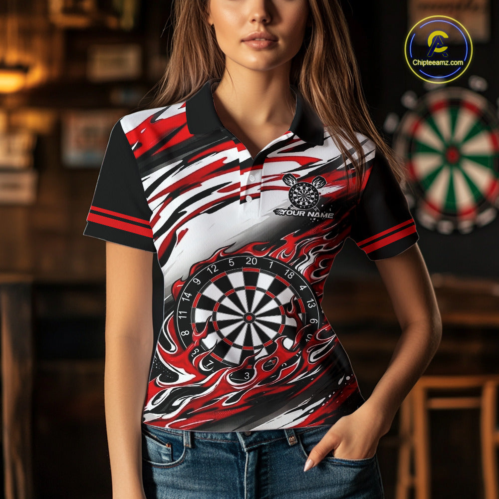Black And Red Dartboard Fire Flame Darts Team Shirt For Women Custom Darts Polo 1/4-Zip Jersey NYN3940