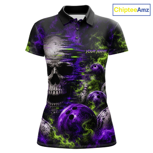 Custom Green & Purple Smoke Skull Bowling Shirts For Women Retro Skull Bowling Tournament Shirt NYN3945
