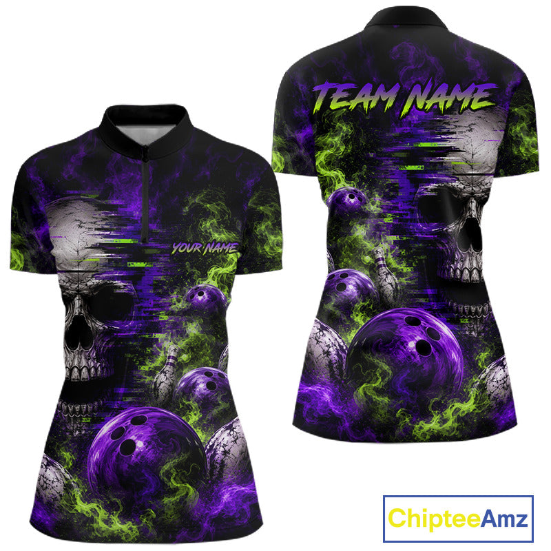 Custom Green & Purple Smoke Skull Bowling Shirts For Women Retro Skull Bowling Tournament Shirt NYN3945