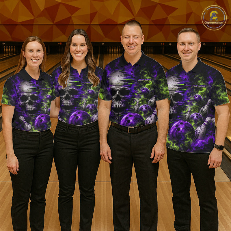 Custom Green & Purple Smoke Skull Bowling Shirts For Women Retro Skull Bowling Tournament Shirt NYN3945