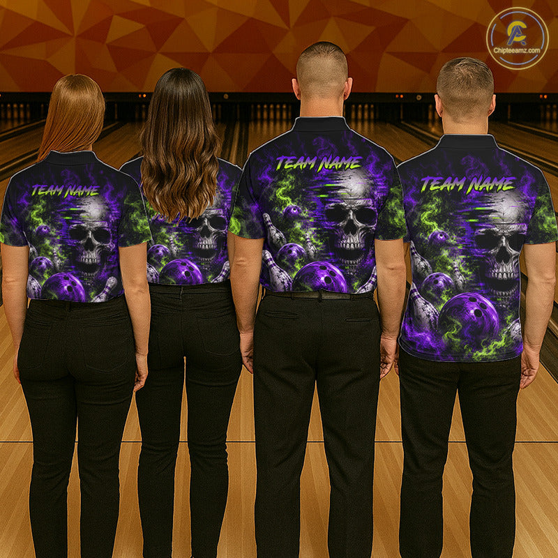 Custom Green & Purple Smoke Skull Bowling Shirts For Women Retro Skull Bowling Tournament Shirt NYN3945