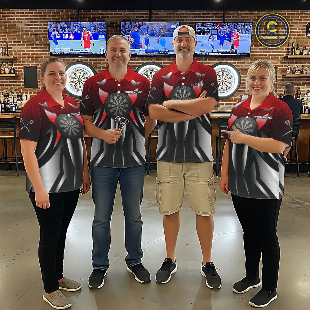 Red And Gradient Silver Darts Polo & 1/4-Zip Shirt For Men Custom Name Dart Jersey For Darters NYN3003