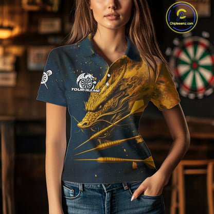 Custom Blue And Gold Dragon Dart Arrow Dart Women Polo Shirt Grunge Dart Team Jerseys NYN1624