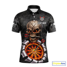 Load image into Gallery viewer, Custom Smoke Grunge Skull Torn Fire Flame Darts Polo &amp; Quarter-Zip Shirts For Men Dart Team Jerseys NYN2822