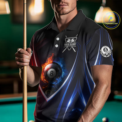 Blue And Red Flames 8 Ball Pool Men Polo & 1/4-Zip Team Shirts Custom Billiards Ball Apparel NYN2457