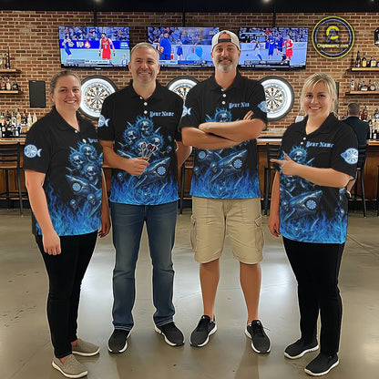 Custom Blue Flames Shark And Skull 3D Men Darts Quarter-Zip League Shirts Funny Dart Jerseys NYN2203
