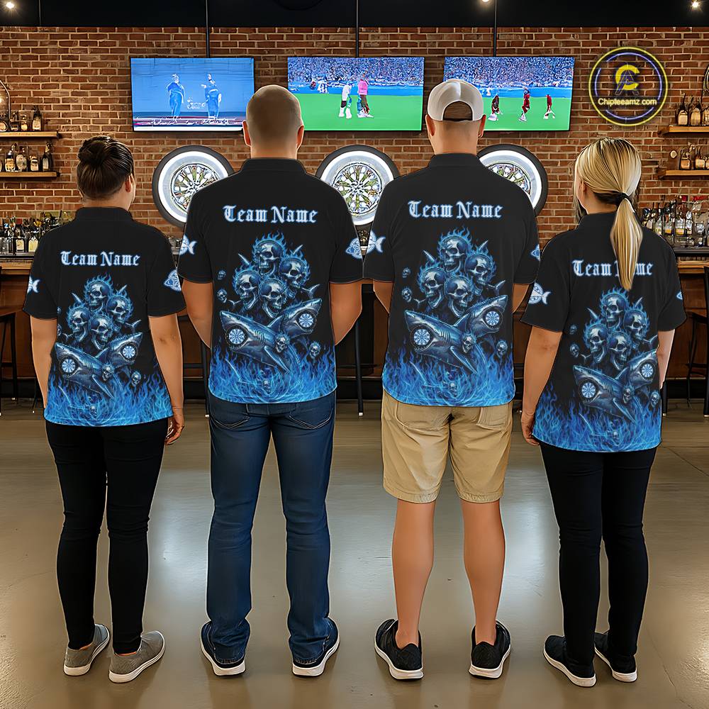Custom Blue Flames Shark And Skull 3D Men Darts Quarter-Zip League Shirts Funny Dart Jerseys NYN2203