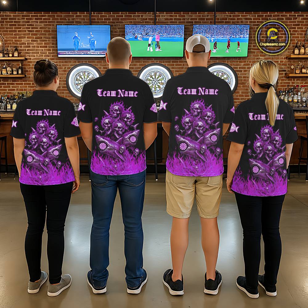 Custom Purple Flames Shark And Skull 3D Women Darts Polo League Shirts Funny Dart Jerseys NYN2205