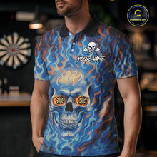 Load image into Gallery viewer, Custom Blue Fire Flaming Skull Dartboard Men Darts Polo League Shirts Outfits Dart Jerseys NYN2207