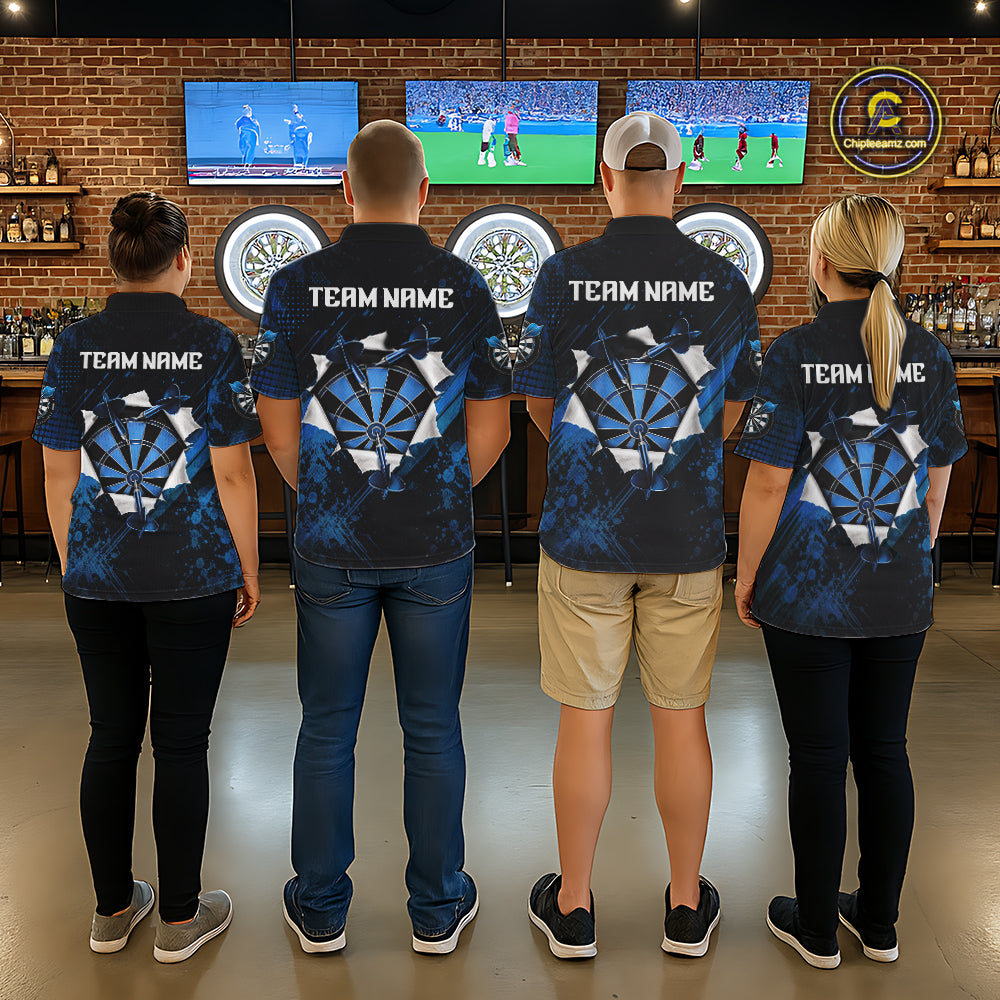 Custom Grunge Blue Torn Darts Polo & Quarter-Zip For Men Blue Spatter Outfit Dart Team Jerseys NYN2903
