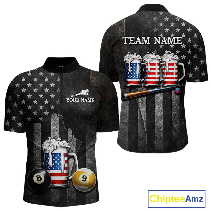 Grunge US Flag Beer Pool 8 Ball & 9 Ball Men Billiard Shirt Custom Patriotic Billiard Team Attire NYN2560