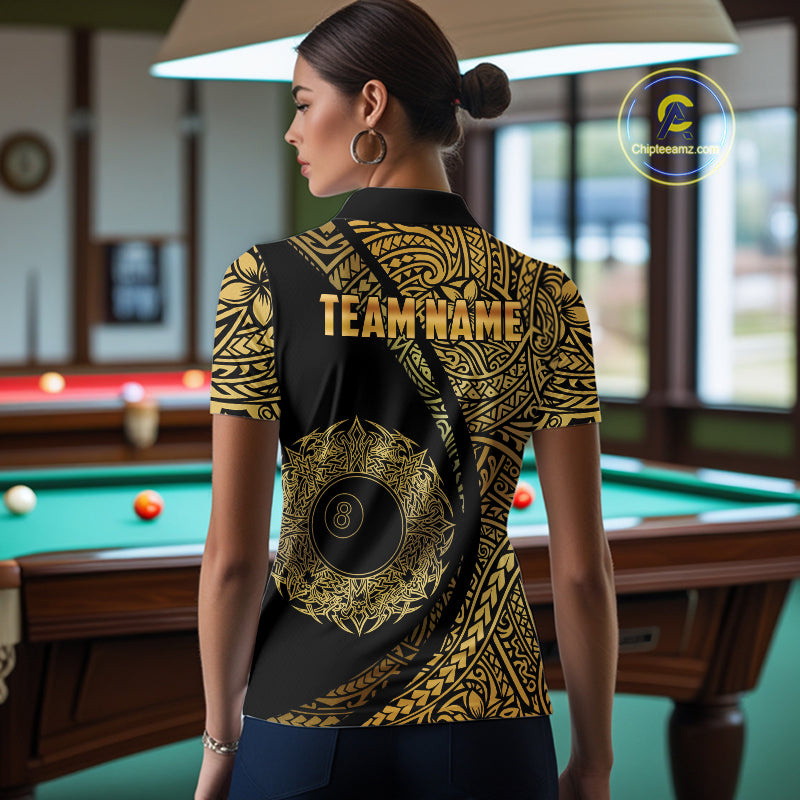 Black & Gold 8 Ball Crown Billiard Polo & 1/4 Zip Shirt For Women Custom Tribal Pool Team Jerseys NYN2944