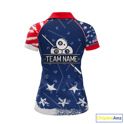 Blue Red Grunge US Flag 8 Ball Pool Women  Billiard Ball Cue Shirt Custom Patriotic Billiard Team Attire NYN2734