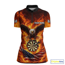 Load image into Gallery viewer, Personalized Eagle US Flag Fire Flame Dartboard Women Darts 1/4-Zip Shirt Custom Darts Team Jersey|Red NYN2584