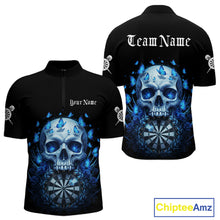 Load image into Gallery viewer, Custom Blue Butterflies Skull Head Flowers Dartboard Men Darts Quarter-Zip Shirt, Dart Jerseys NYN1839