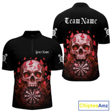 Load image into Gallery viewer, Custom Red Butterflies Skull Head Flowers Dartboard Men Darts Quarter-Zip Shirt, Dart Jerseys NYN1841