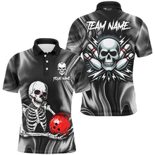 Load image into Gallery viewer, A black polo shirt with a bowling-themed graphic that includes the text 'YOURNAME' and 'TEAM NAME' and a skull holding bowling ball, front and back view mockup, designed for men.