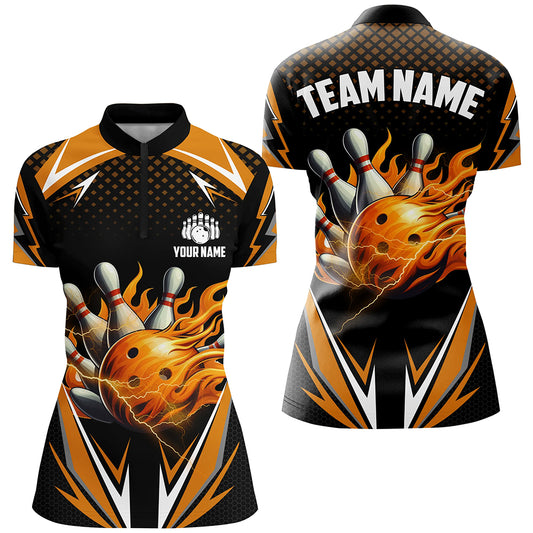 Personalized Flame Bowling Shirts for Women Orange 1/4 Zip Bowling Jersey QZT443