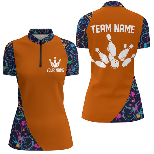 Custom Bowling Shirts Orange Bowling Jersey for Women Camo Bowling Quarter Zip Bowling Uniform QZT413