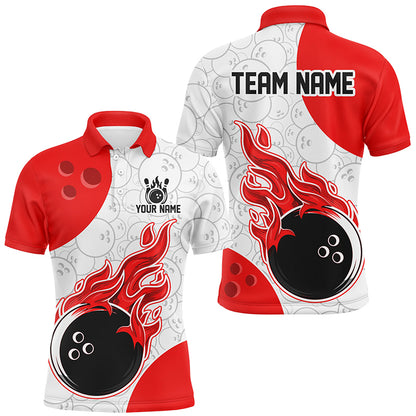An red and white bowling shirt with a personalized text and logo, featuring a flame graphic design.