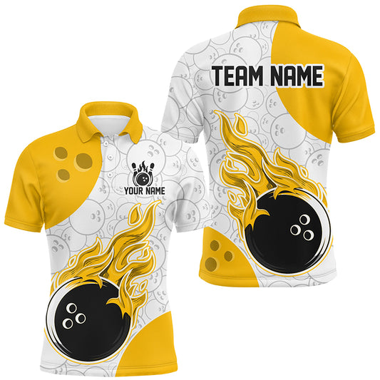 An yellow and white flames bowling shirt with a personalized text and logo, featuring a flame graphic design.