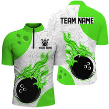 Load image into Gallery viewer, Bowlling jersey with green flames and customizable text on a white background