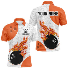 Load image into Gallery viewer, An orange and white flames bowling shirt with a personalized text and logo, featuring a flame graphic design.