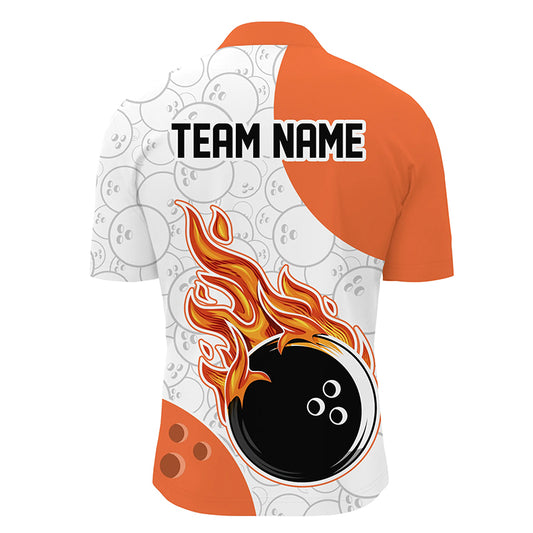 Bowling shirt with flame design and customizable text on a white background