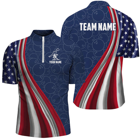 A quarter-zip, personalized men's bowling shirt with a patriotic design featuring American flags and a placeholder for a name on the front.
