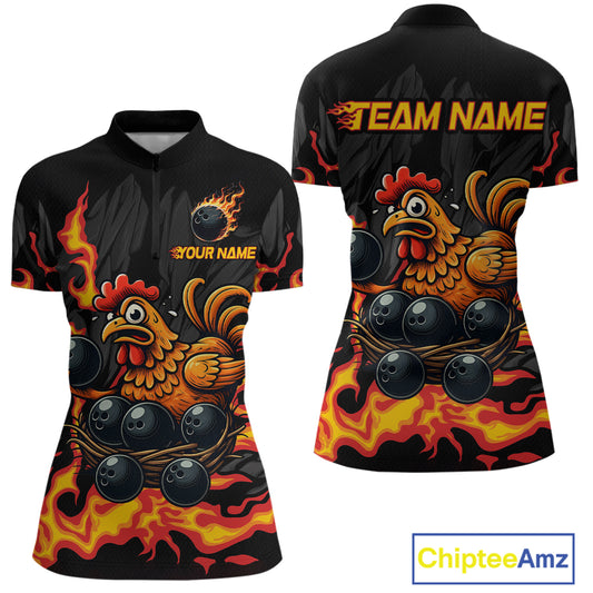 Personalized Chicken Bowling Shirt Orange Flame Bowling Team League for Women Bowling Jersey QZT706