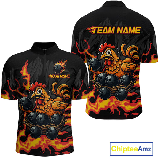 Personalized Chicken Bowling Shirt Orange Flame Bowling for Men Team League Polo & Quarter-Zip QZT706