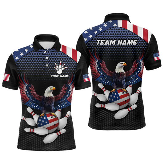 A custom bowling team shirt featuring a bald eagle with an American flag design, and a placeholder for a team or personal name.