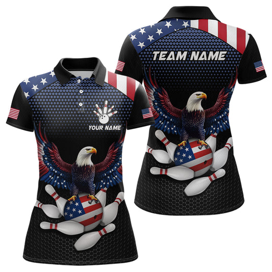 A custom bowling team shirt featuring a bald eagle with an American flag design, and a placeholder for a team or personal name.