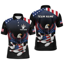 Load image into Gallery viewer, A custom bowling team shirt featuring a bald eagle with an American flag design, and a placeholder for a team or personal name.