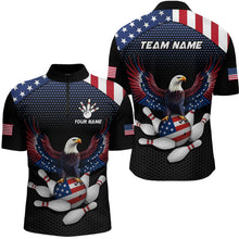 Load image into Gallery viewer, A custom-designed bowling team shirt featuring a bald eagle with an American flag pattern, along with a placeholder for a team name and individual name, and bowling balls.