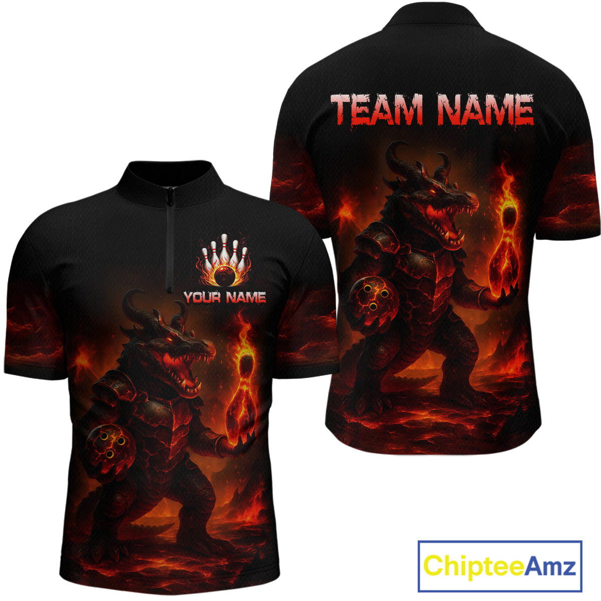 Personalized Red Flame Crocodile Bowling Team Shirt for Men Polo & Quarter-Zip Bowling Outfit QZT742