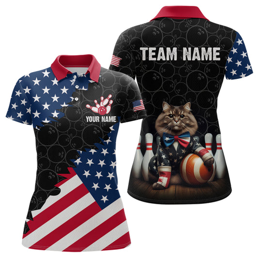 Personalized Patriotic Cat Bowling Shirt Polo American Bowling Jersey for Men Women QZT673