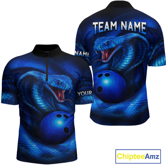Custom 3D Blue Cobra Snake Bowling Team Shirt Bowling Jersey Outfit for Men Polo & Quarter-Zip QZT723