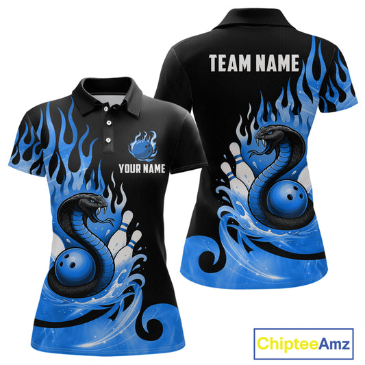 Custom Blue Flame Cobra Snake Bowling Shirt Polo Bowling Team League Bowling Jersey QZT694