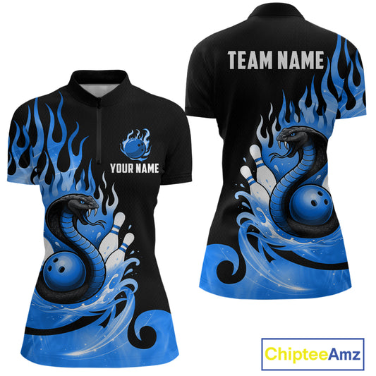 Custom Blue Flame Cobra Snake Bowling Shirt Quarter-Zip Bowling Team League Bowling Jersey QZT694