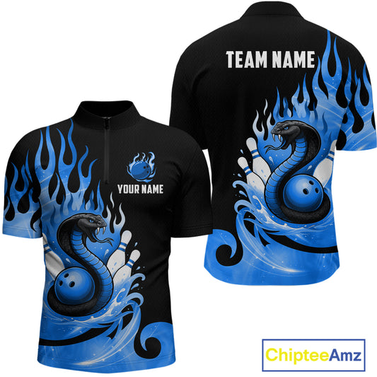 Custom Blue Flame Cobra Snake Bowling Shirt Quarter-Zip Bowling Team League Bowling Jersey QZT694