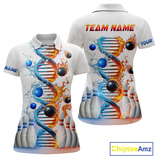 A white bowling shirt with a custom flame and water DNA design, featuring pins and balls, with options for personalization such as adding a team name.